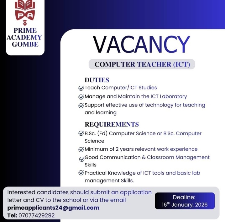 Opportunity Alert: Join Prime Academy Gombe as an ICT Educator