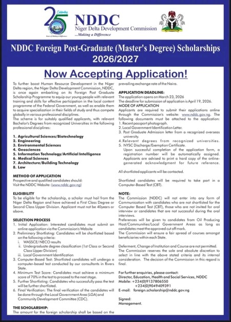 NDDC Foreign Master’s Postgraduate Scholarship 2026/2027