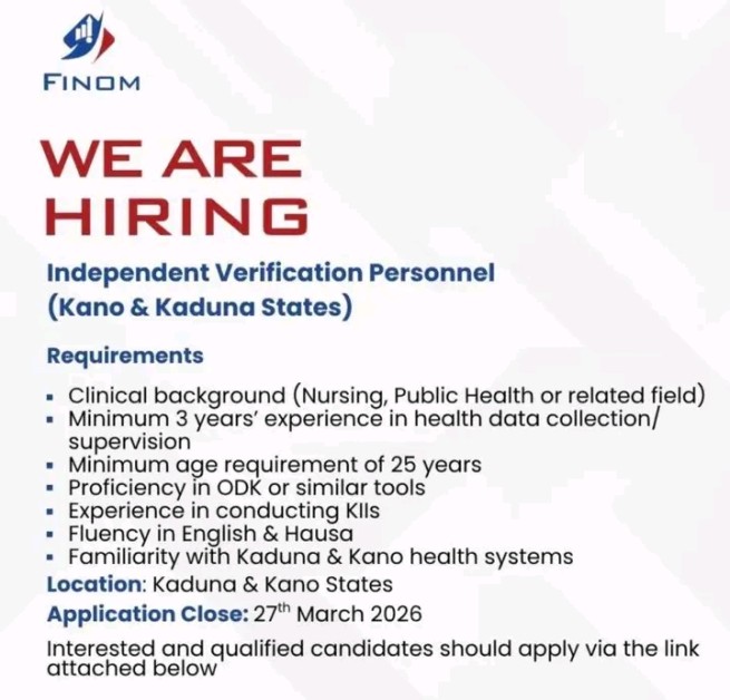 Finom Group Recruitment 2026 – Independent Verification Personnel (Kaduna & Kano States)