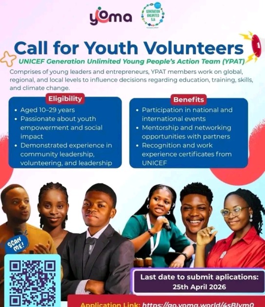 UNICEF Generation Unlimited Young People’s Action Team (YPAT) 2026 Applications Now Open