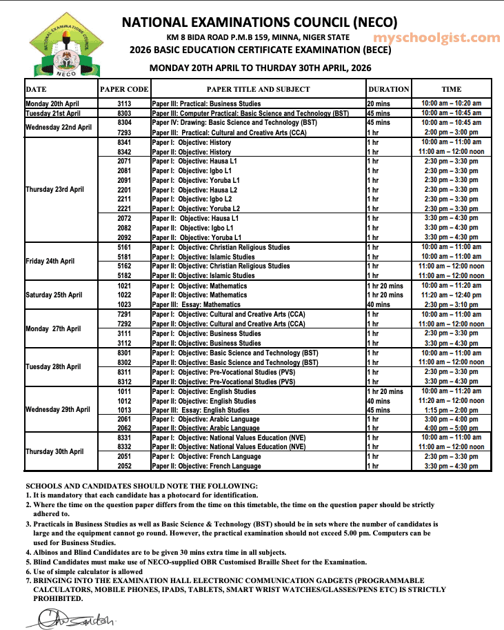 NECO BECE Timetable 2026: Official Junior WAEC Dates and Complete Guide