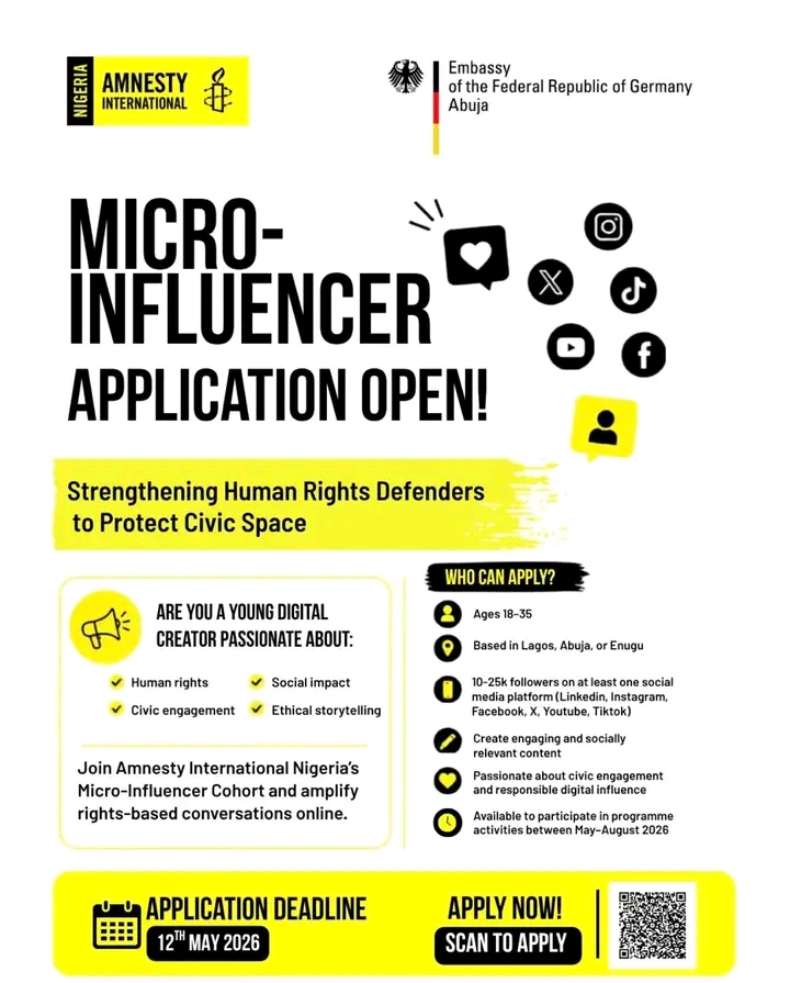 Amnesty International Nigeria Opens Applications for Micro-Influencers Cohort 2026