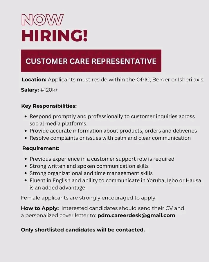 Customer Care Representative Job in Lagos – ₦120,000 Salary | Apply Now