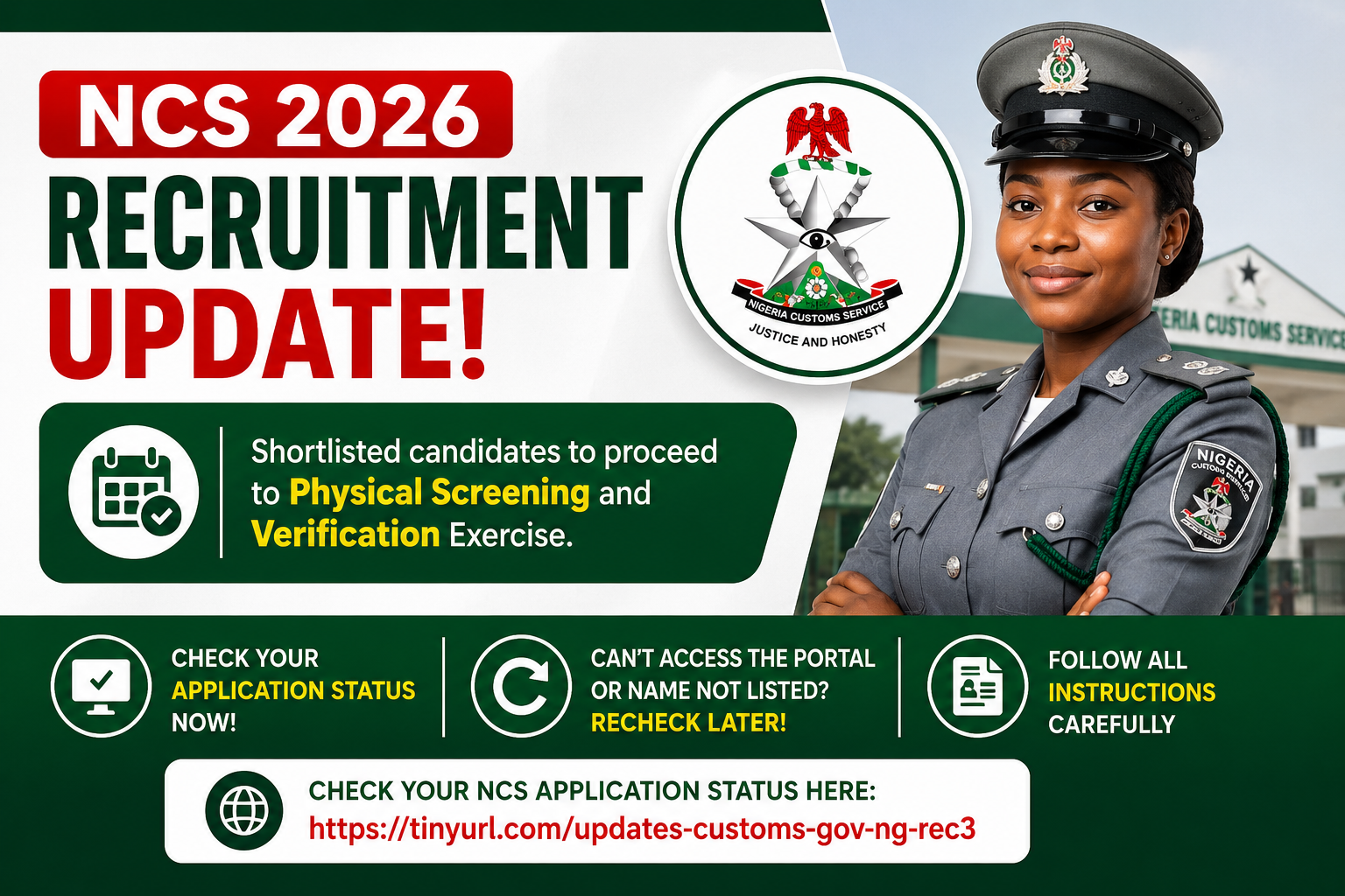 Nigeria Customs Recruitment 2026: NCS Releases Fresh Update on Shortlisted Candidates for Physical Screening