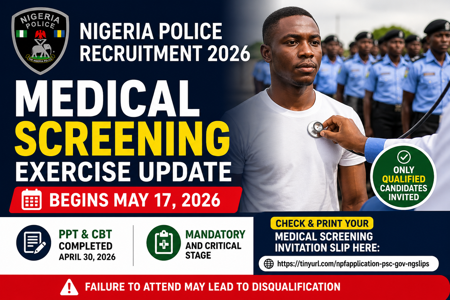 Nigeria Police Recruitment 2026: Medical Screening Exercise Begins May 17 – Full Details & How to Print Invitation Slip